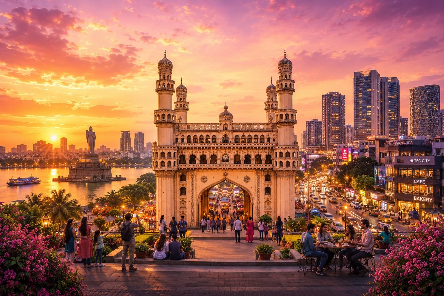 Charminar and the Hyderabad skyline at sunset, Telangana